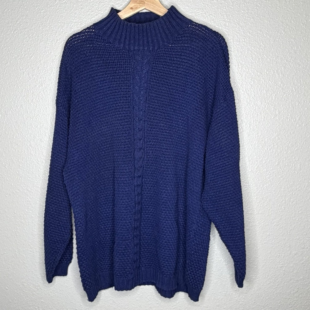 VTG‎ GAP Navy Blue Chunky Knit Mock Neck Cable Sweater L 90s Fisherman Old Money
